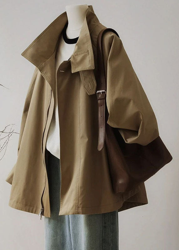 French Khaki Peter Pan Collar Zippered Patchwork Trench Coats Long Sleeve Spring