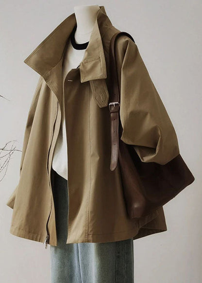 French Khaki Peter Pan Collar Zippered Patchwork Trench Coats Long Sleeve Spring