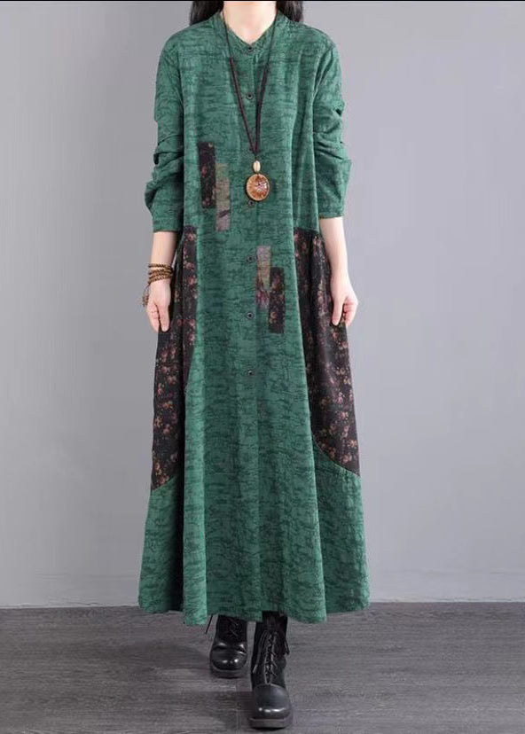 Green Stand Collar Patchwork Cotton Long Dresses Fall