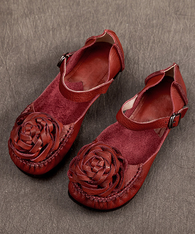 Mulberry Cowhide Leather Splicing Flower Buckle Strap Flats Shoes