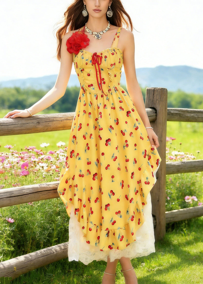 Yellow Backless Print Spaghetti Strap Dress and White Lace Skirt Cotton Two Piece Set Sleeveless