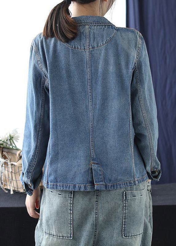 Blue Peter Pan Collar Print Button Denim Coats Spring