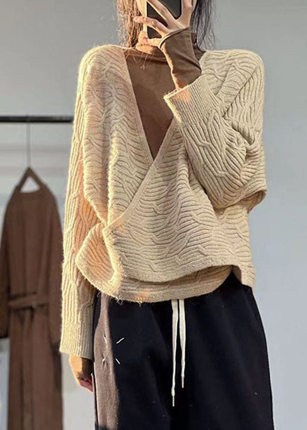 Beige V Neck Oversized Original Design Knit Sweater Winter