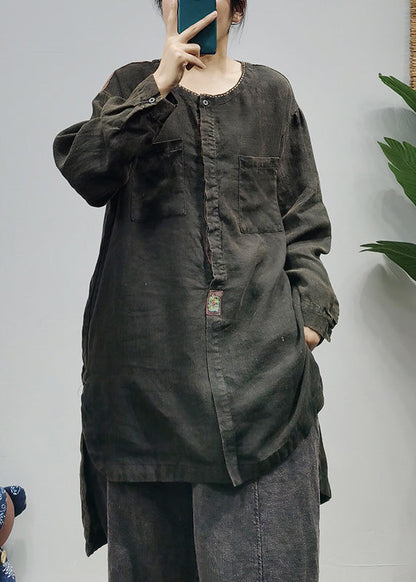 Black O-neck Pocket Patchwork Low High Design Linen Shirts Long Sleeve