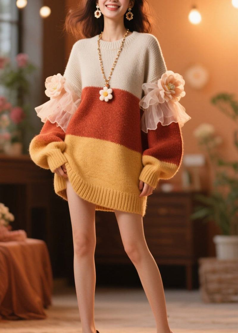 Diy Colorblock O Neck Ruffled Knit Dress Winter