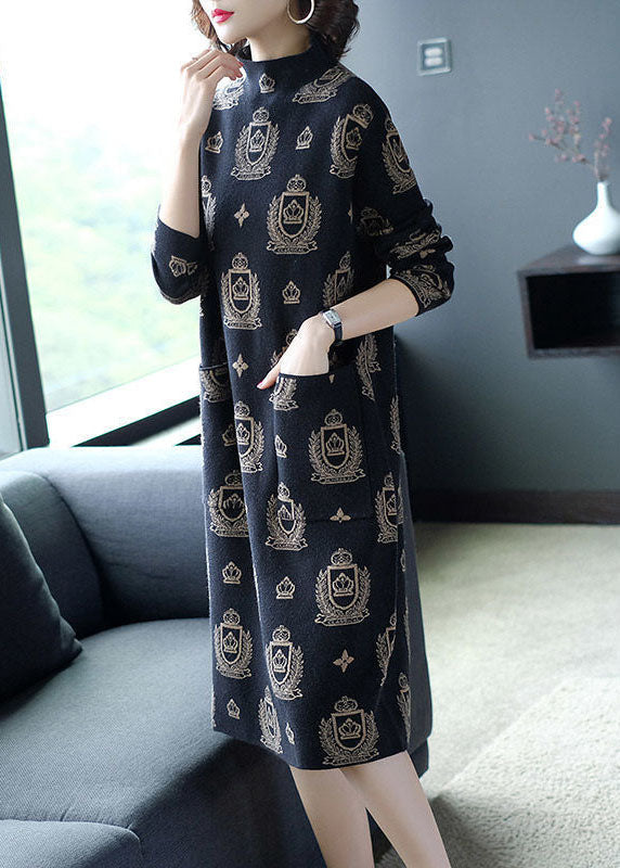 Black High Neck Print Pockets Knit Sweater Dress Long Sleeve