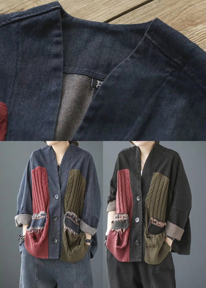 Blue V Neck Knit Patchwork Denim Coats Long Sleeve