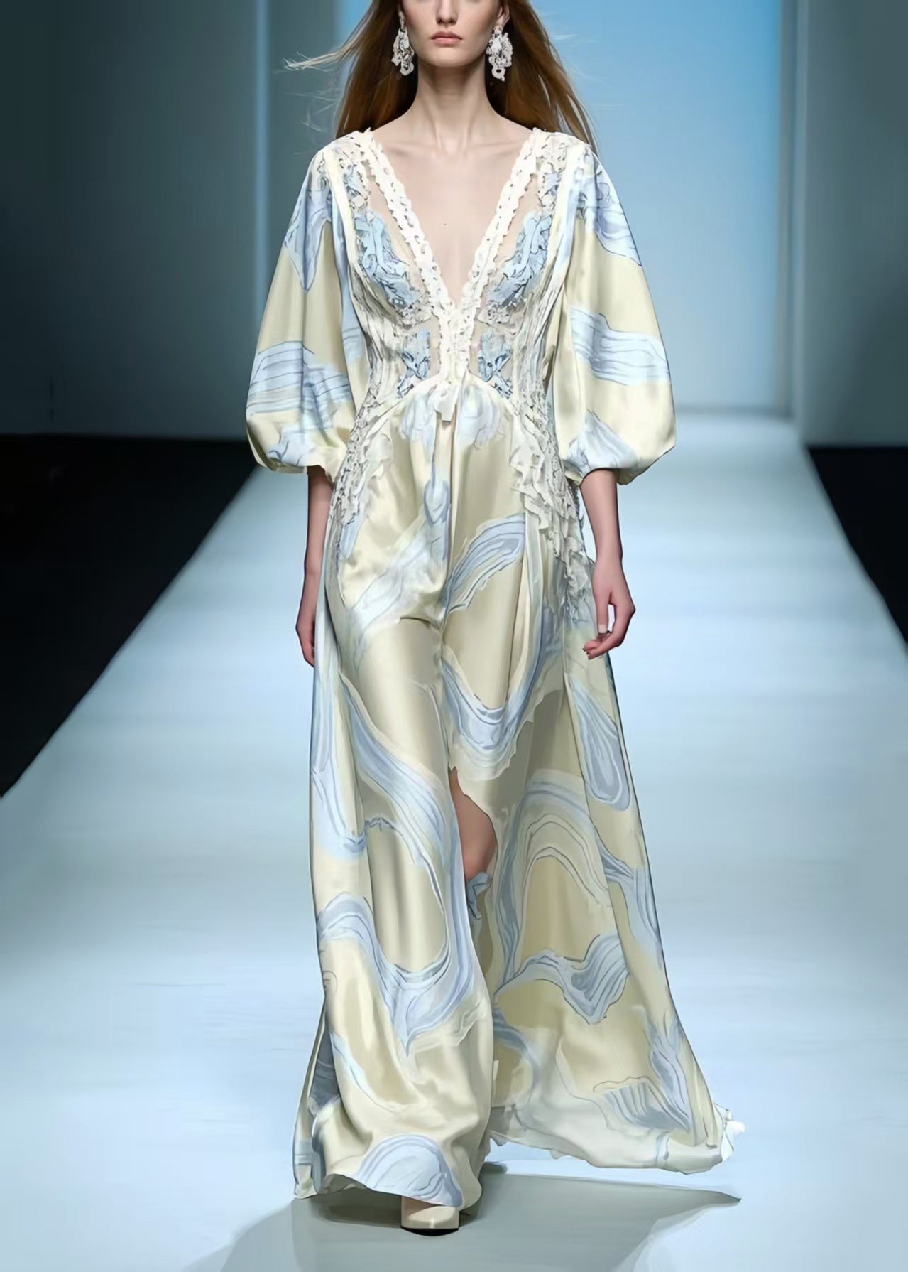 Apricot Print Draping Silk Maxi Dresses Lantern Sleeve