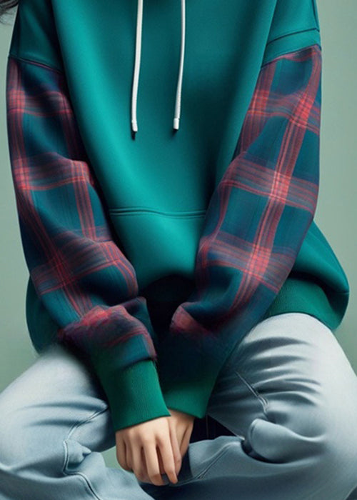 Blue Hooded Plaid Patchwork Cotton Sweatshirts Fall
