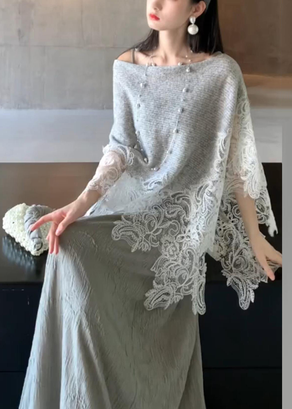Grey Lace Patchwork Cotton Knit Cape and Long Dresses Two Piece Set Batwing Sleeve