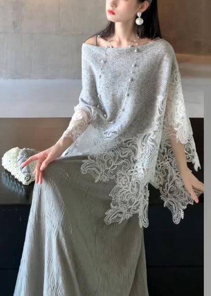 Grey Lace Patchwork Cotton Knit Cape and Long Dresses Two Piece Set Batwing Sleeve