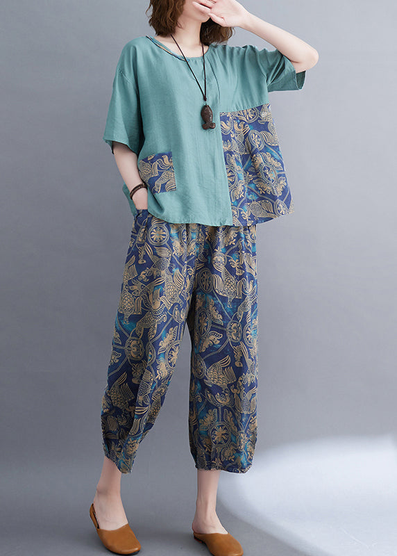 Blue Asymmetrical Patchwork Cotton Two Pieces Set Summer