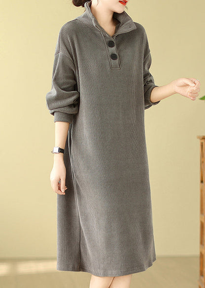 Grey Button Simple Corduroy Mid Dress Hign Neck Fall