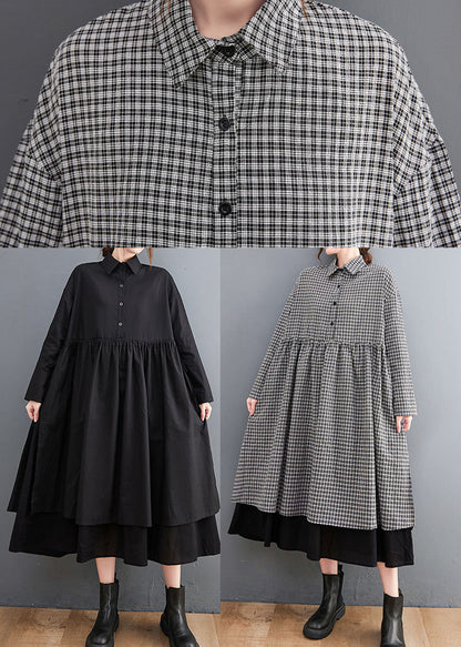 Black Plaid Button Side Open Cotton Dresses Shirts Spring