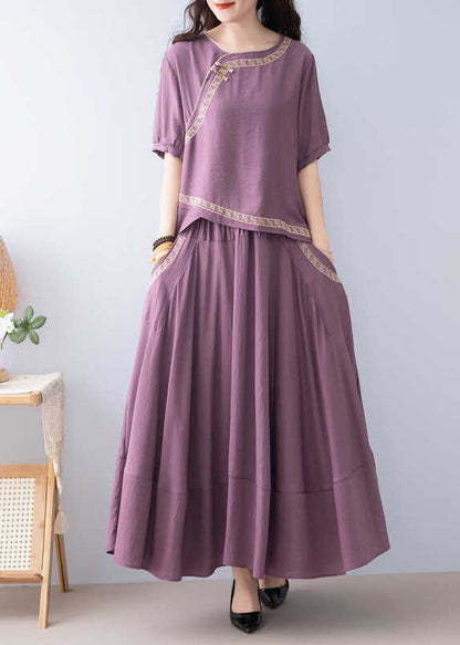 Khaki Pockets Linen Two Pieces Set O Neck Short Sleeve