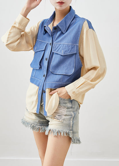 Apricot Oversized Patchwork Cotton Fake Two Piece Shirt Top Fall