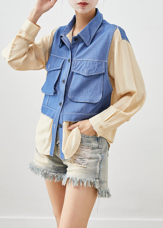 Apricot Oversized Patchwork Cotton Fake Two Piece Shirt Top Fall