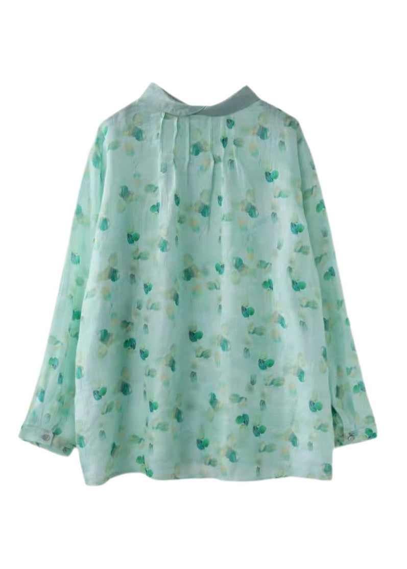 Light Green Peter Pan Collar Print Shirt Tops Long Sleeve