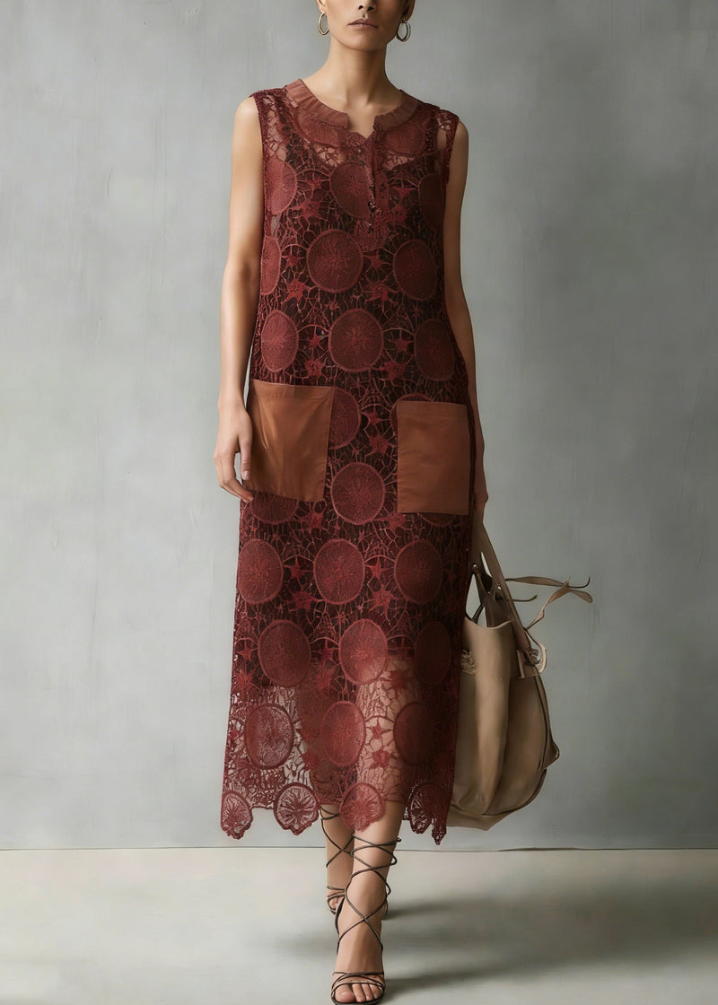 New Coffee Embroidered Hollow Out Lace Dresses Sleeveless Summer