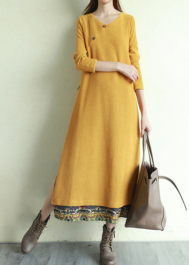 Yellow Button V Neck Patchwork Long Dresses Long Sleeve