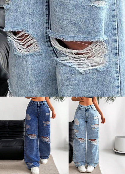 Blue Pockets Patchwork Ripped Wide Leg Jeans