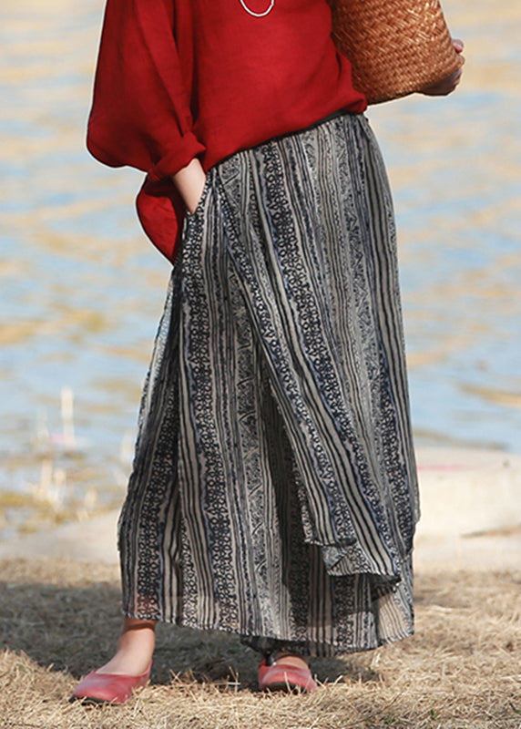 Blackish Blue Elastic Waist Silk Wide Leg Pants Skirt Summer