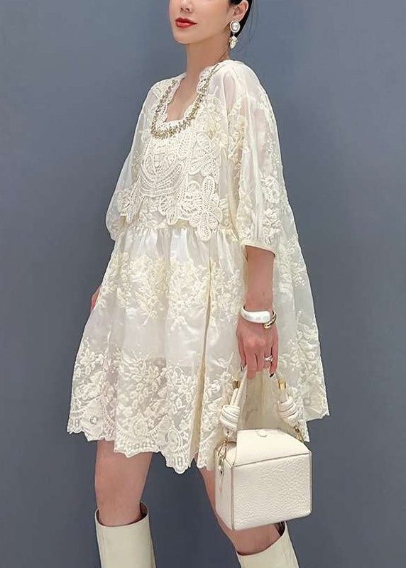 Apricot Embroidered Zircon Lace Mid Dress Bracelet Sleeve