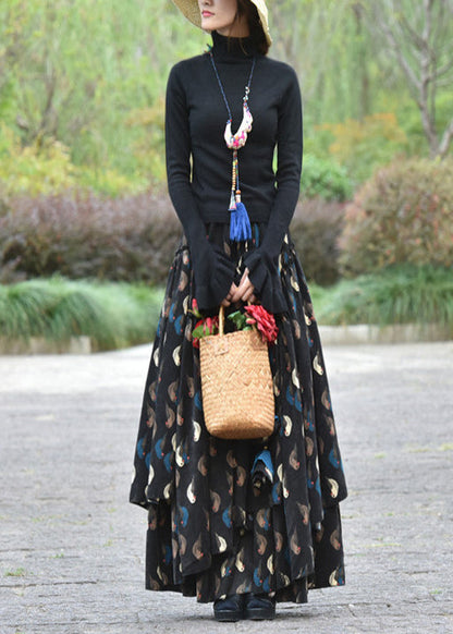 Black Wrinkled Print Elastic Waist Corduroy Skirt Spring