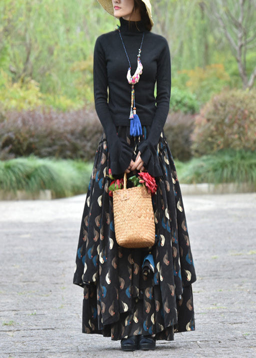 Black Wrinkled Print Elastic Waist Corduroy Skirt Spring
