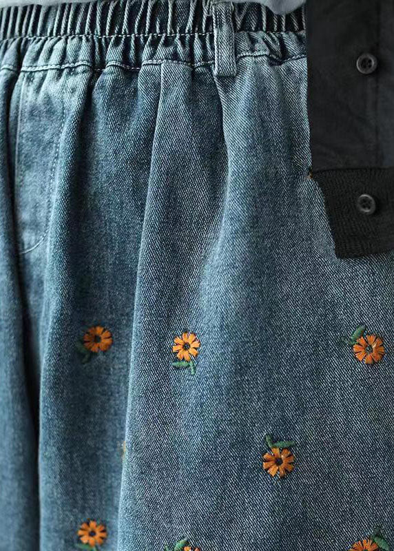 Denim Blue Elastic Waist Daisy Embroideried Hole Cotton Straight Pants Summer