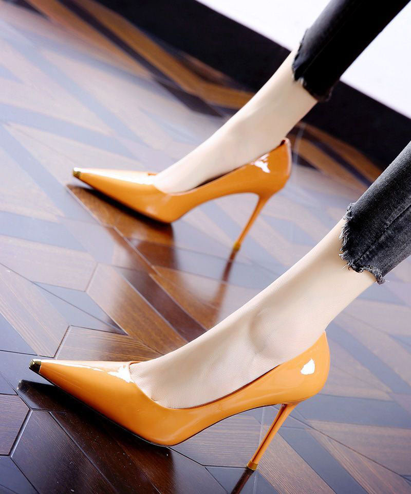 Pointed Toe Stiletto High Heels Orange Cowhide Leather
