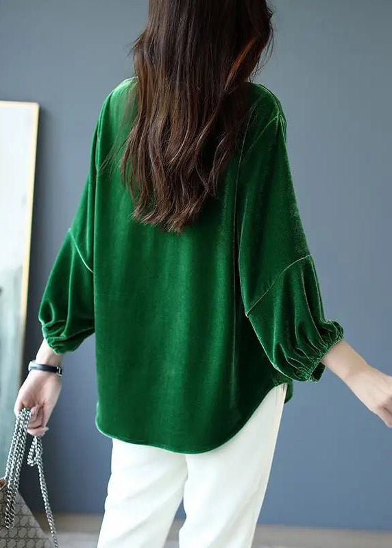 Loose Blackish Green O Neck Silk Velour Tops Spring