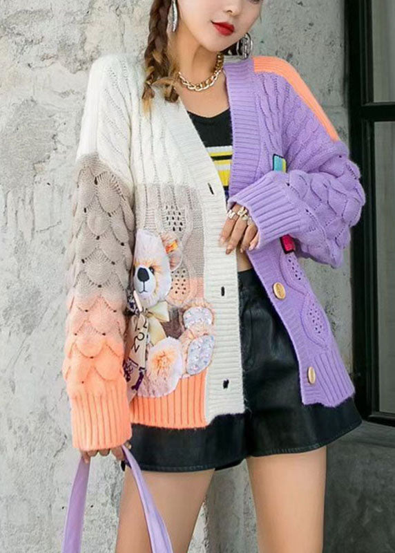 Purple Loose Patchwork Fall Coat Sweater