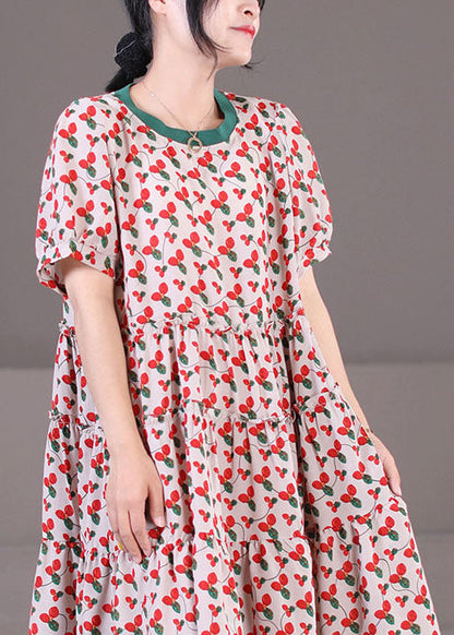 Red O-neck Patchwork Print Cotton a Line Dress Short Sleeve