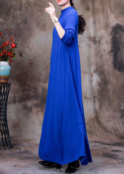 Handmade Blue Stand Collar Slim Fit Knit Long Dresses Spring