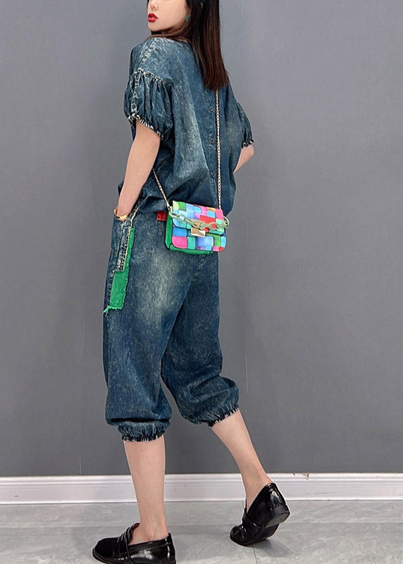 Handmade Blue O-neck Wrinkled Appliques Denim Tops and Pants Two Piece Set Clothing Short Sleeve