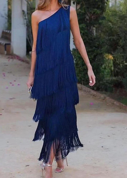 Purple One Shoulder Tasseled Dresses Sleeveless