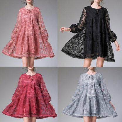 Grey Long Sleeve Lace Summer Maxi Dresses