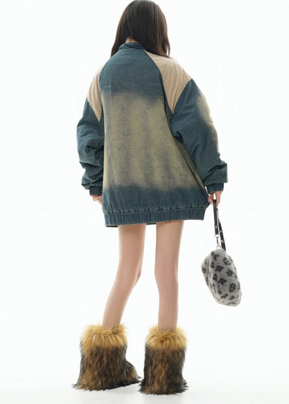 Denim Blue Stand Collar Patchwork Fine Cotton Filled Coats Winter