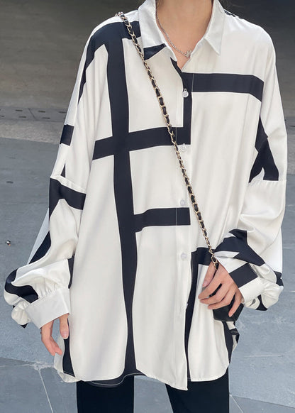 White Asymmetrical Striped Patchwork Cotton Tops Long Sleeve
