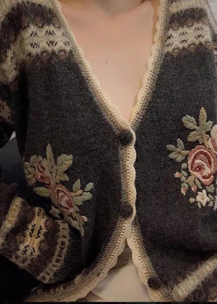 Fitted Grey Embroidered Knit Cardigans Spring