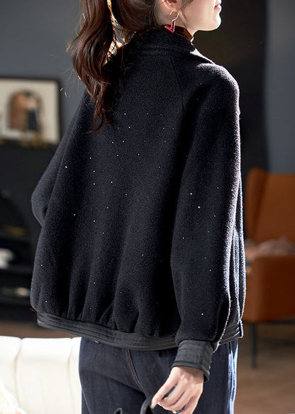 Unique Black Peter Pan Collar Patchwork Zircon Knit Cotton Jacket Lanter Sleeve