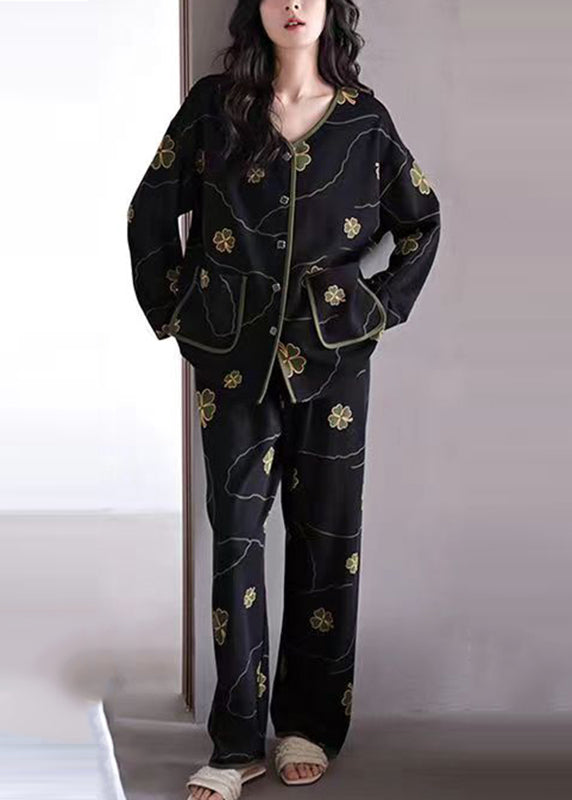 Black Print Button Cotton Two Pieces Set Long Sleeve