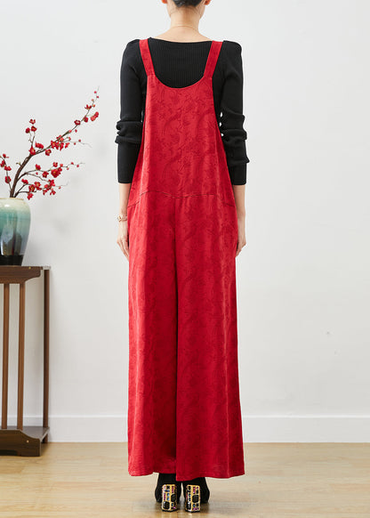 Red Embroideried Pockets Silk Jumpsuit Fall