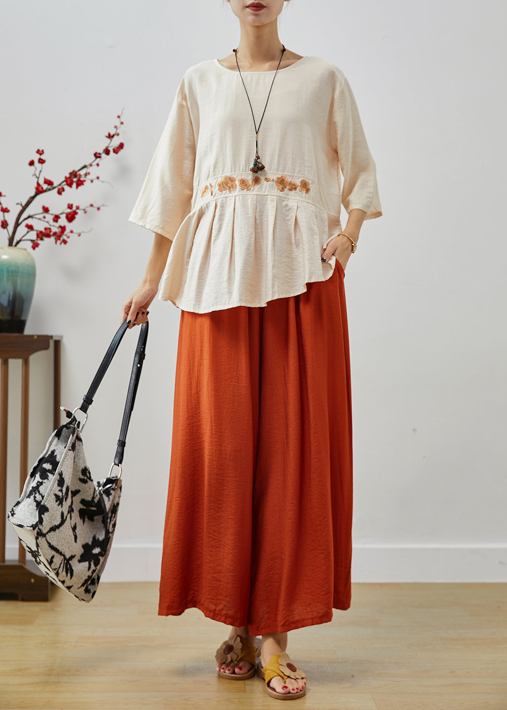 Apricot Embroideried Asymmetrical Cotton Two Pieces Set Fall
