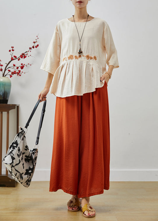 Apricot Embroideried Asymmetrical Cotton Two Pieces Set Fall