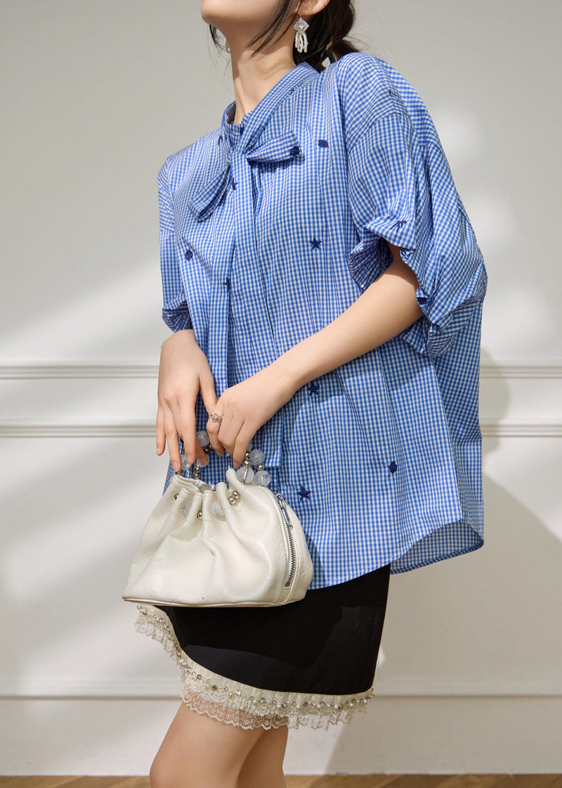 Blue Plaid Bow Button Shirts Half Sleeve