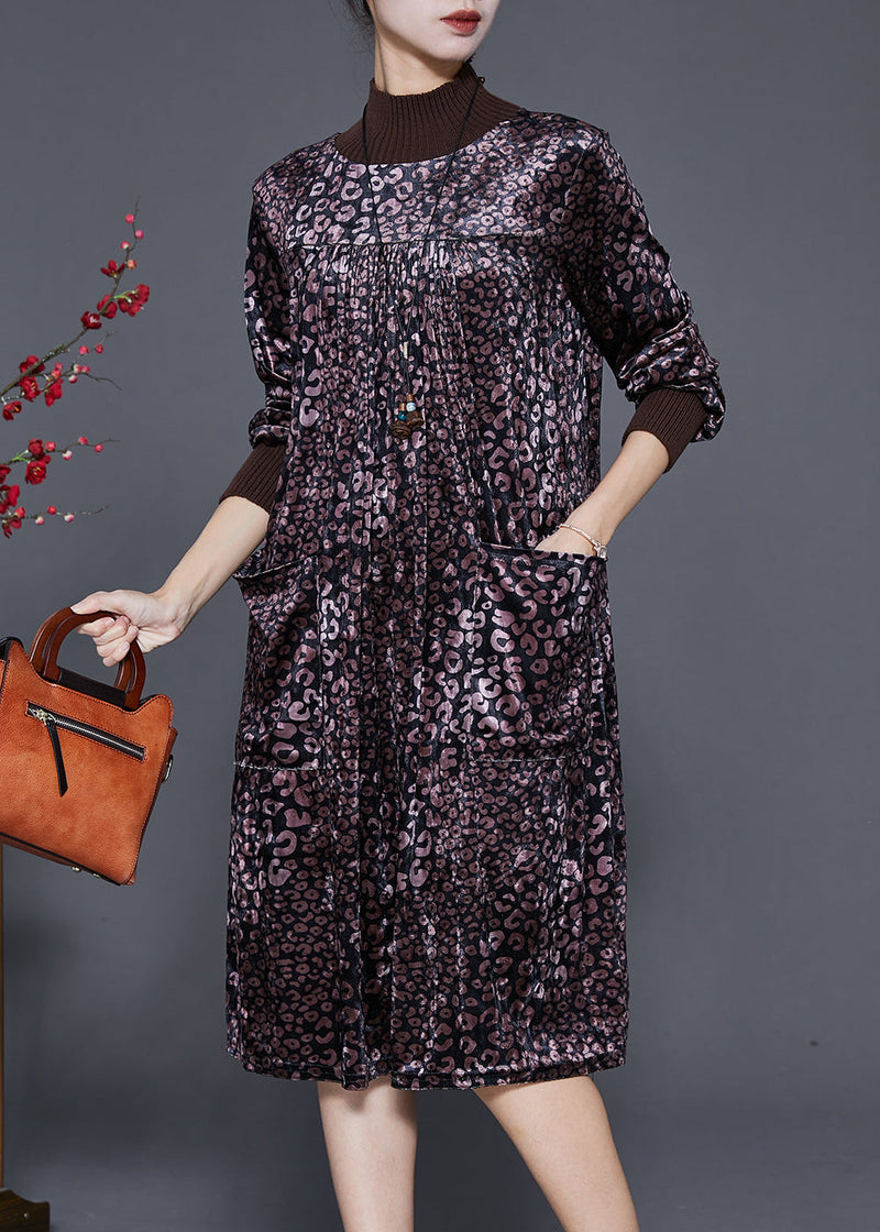 Dull Purple High Neck Print Silk Velour Dress Spring