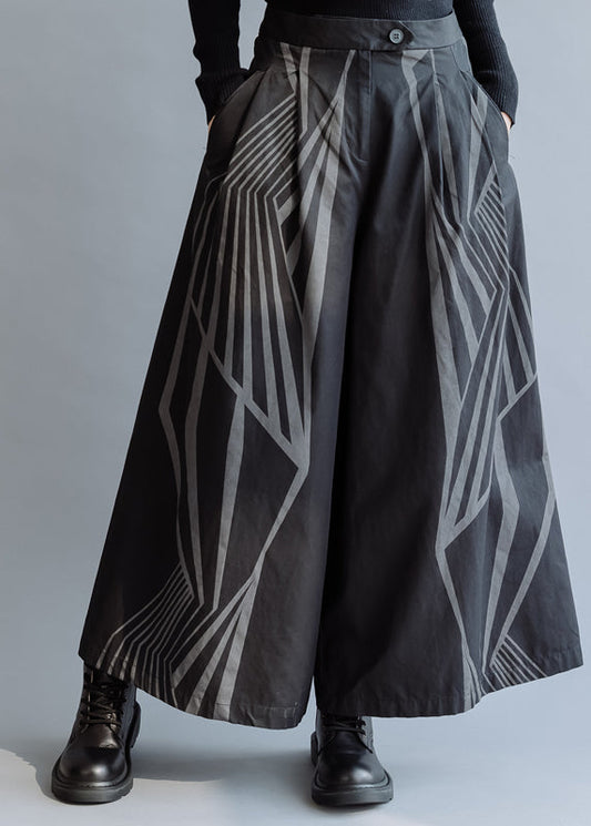 Organic Black Print Cotton Wide Leg Pants Spring