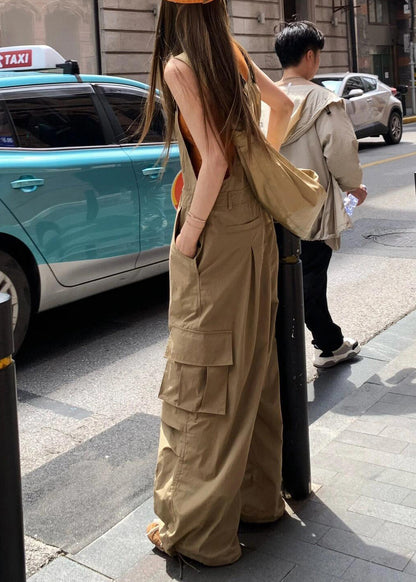 Khaki Pockets High Waist Cotton Jumpsuits Sleeveless